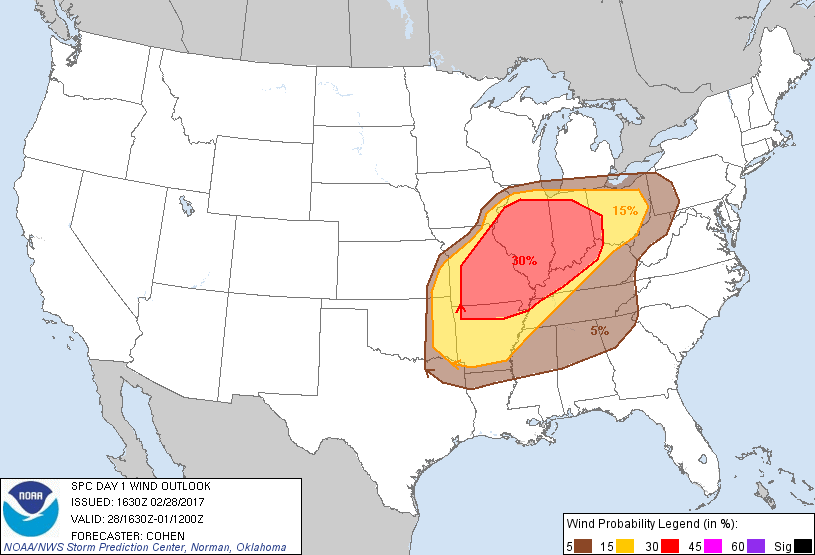 20170228 1630 UTC Day 1 Damaging Wind Probabilities Graphic