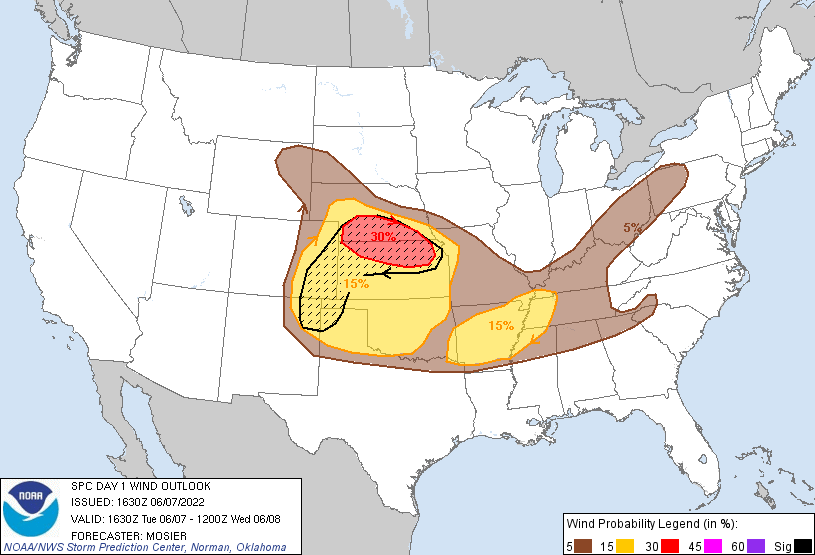 20220607 1630 UTC Day 1 Damaging Wind Probabilities Graphic