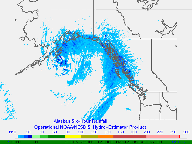 Hydro-Estimator - Eastern Pacific - Alaska / British Columbia - Six Hour Estimated Rainfall Images