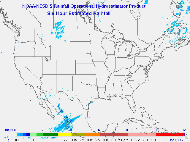 Hydro-Estimator - Contiguous United States - 6-Hour Estimated Rainfall Rate - 01-08-2025 - 22:00 UTC