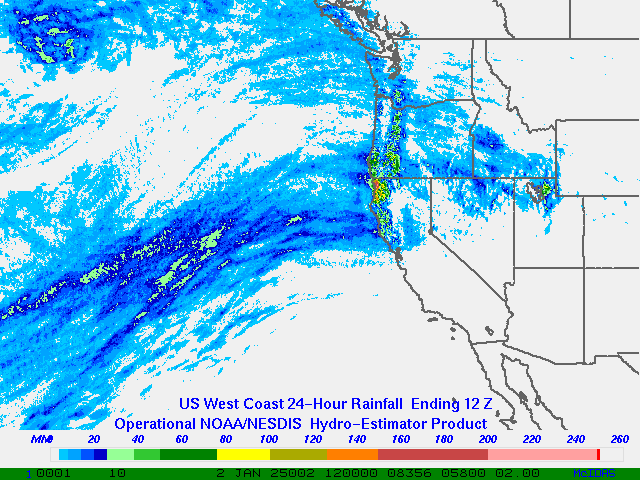 Hydro-Estimator - Eastern Pacific - U.S. West Coast - 24 Hour Estimated Rainfall Images