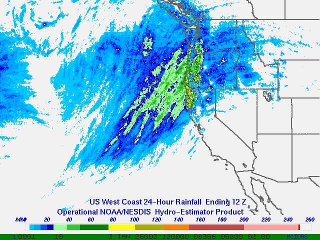 Hydro-Estimator - Eastern Pacific - U.S. West Coast - 24 Hour Estimated Rainfall Images