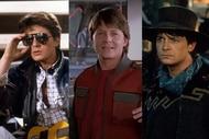 A collage featuring Marty McFly (Michael J. Fox) in Back to the Future (1985), Back to the Future Part II (1989), and Back to the Future Part III (1990).