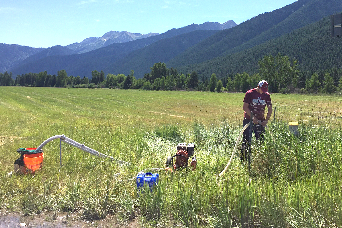 A student works with research gear outside Glacier National Park.