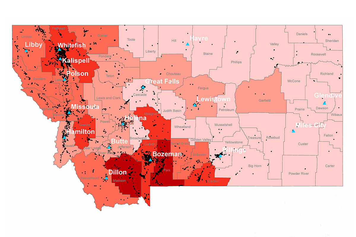 This graphic shows the distribution of short-term rentals across Montana. The greatest density is in western Montana.