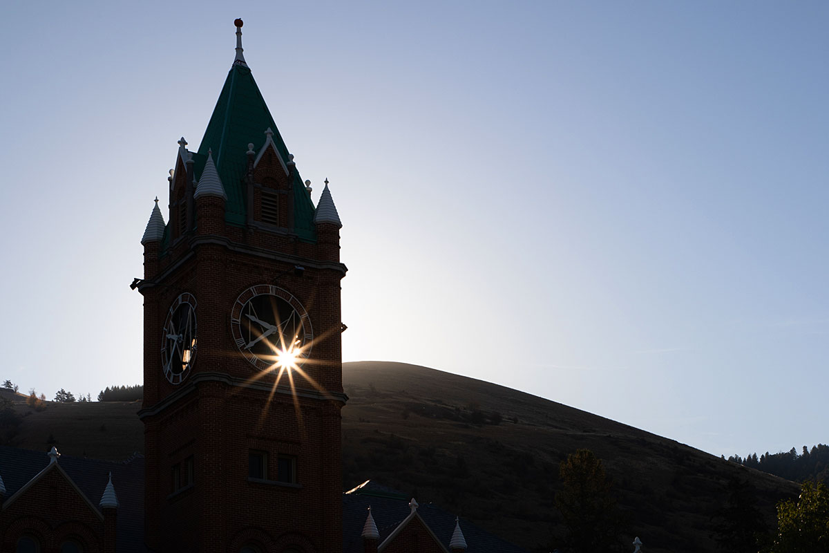 Sunlight glints through the Main Hall clock tower. 