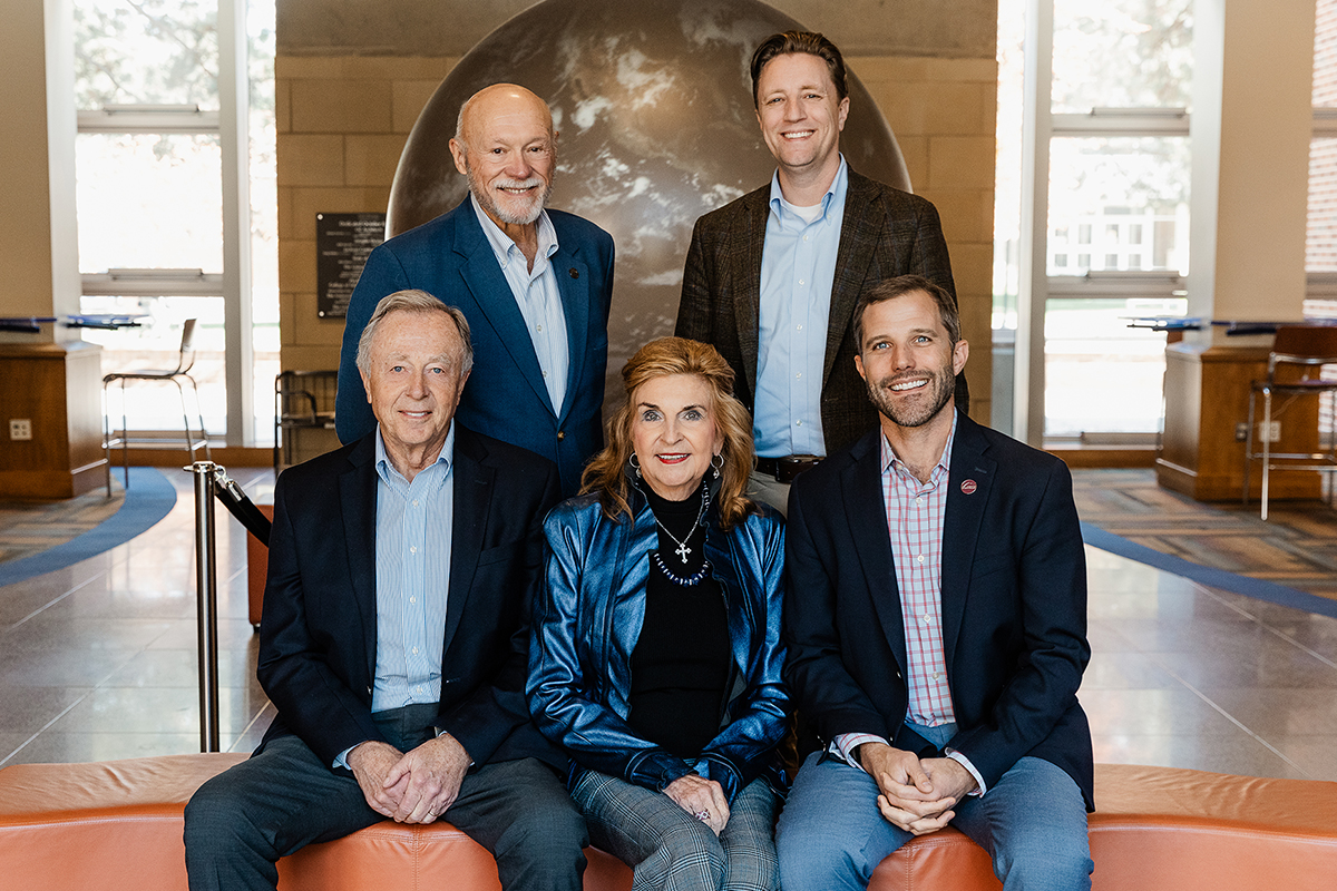 Pictured are (front row, left to right) Mike Halligan, retired Dennis and Phyllis Washington Foundation executive director; Phyllis J. Washington; UM President Seth Bodnar; (back row, left to right) Dr. Dan Lee, UM education college dean; and Jon Bennion, Dennis and Phyllis Washington Foundation executive director. 