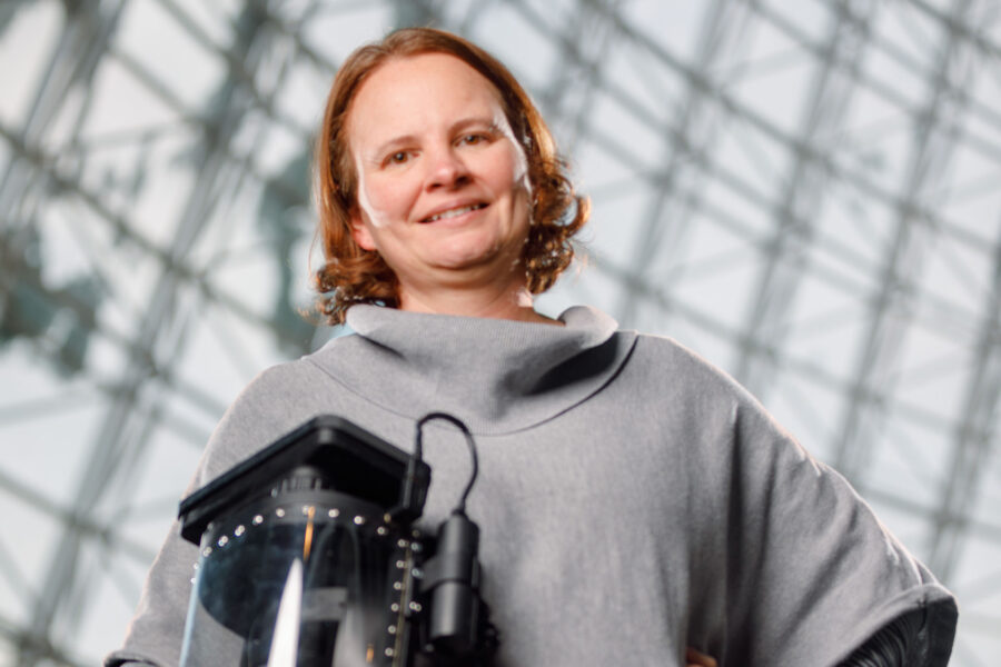 Beth Beam with her PPE helmet prototype