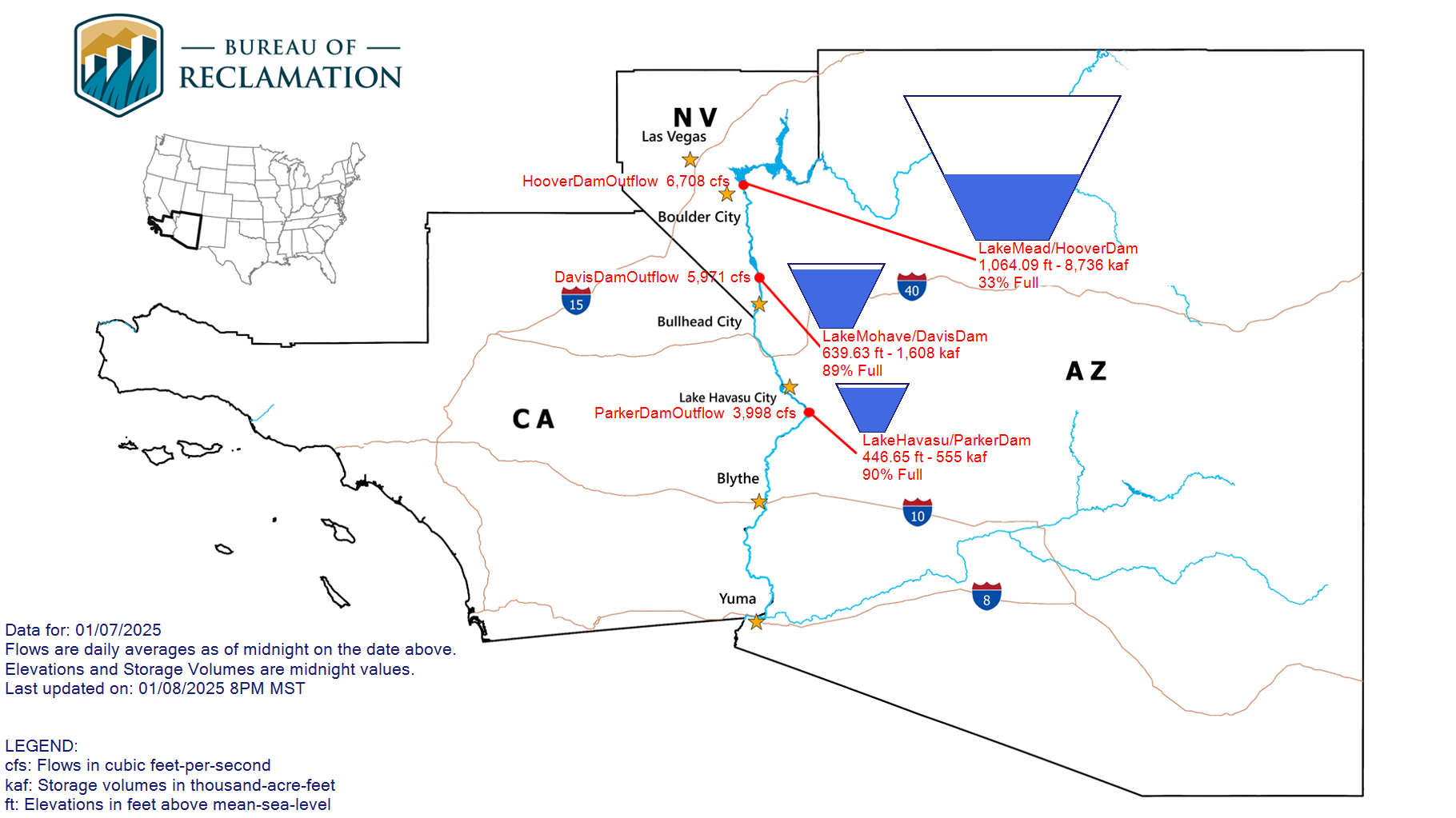 Graphic of water levels throughout the Colorado River lower basin