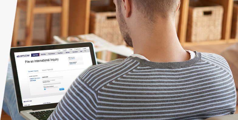 Person using a laptop to file an international claim online.