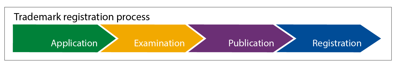 Trademark registration process steps, the application, examination, publication, and registration words in arrow shapes of green, yellow, purple, and blue colors