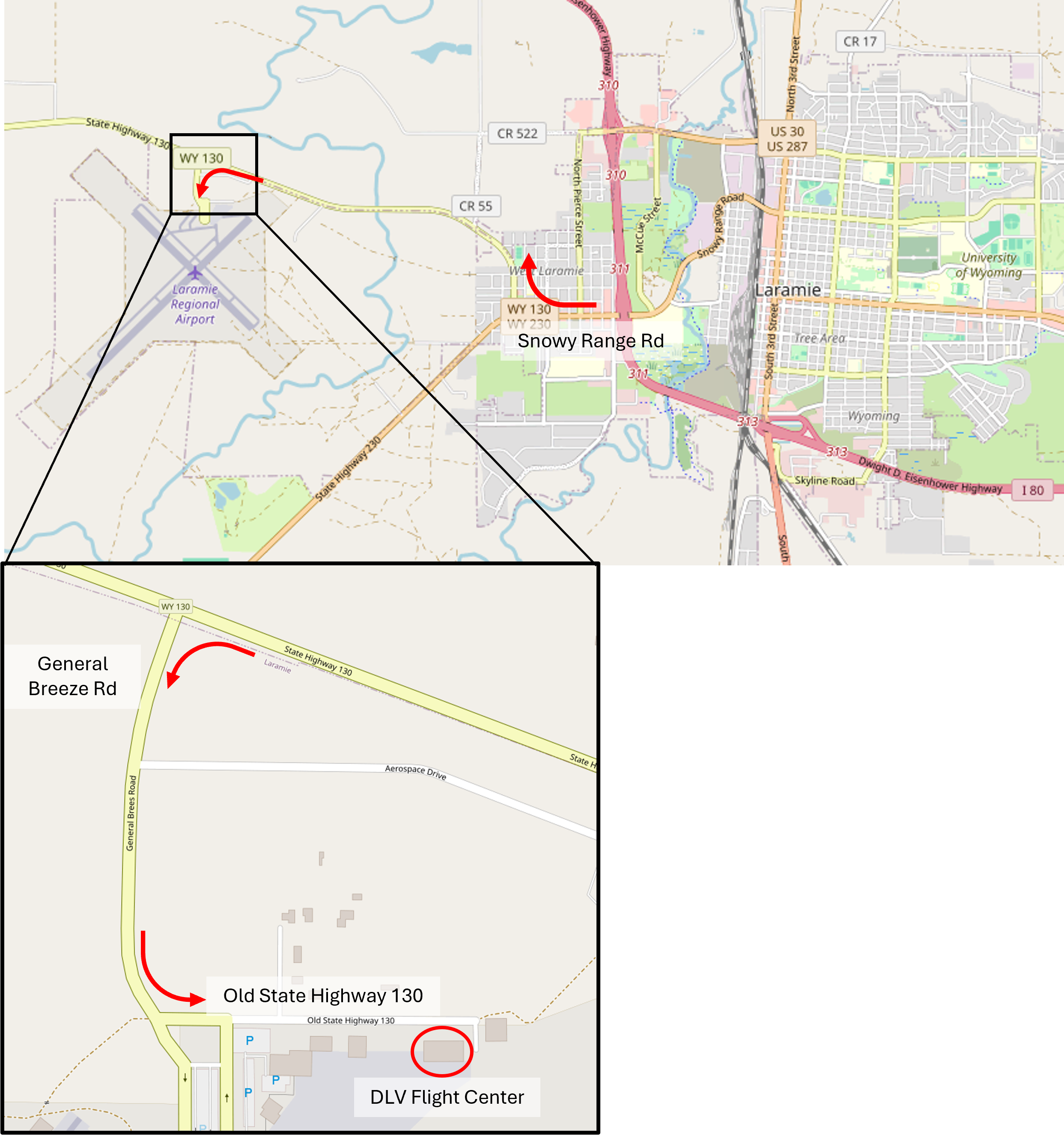 Map with directions from Laramie to the Flight Center