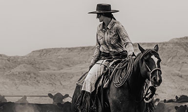 woman riding a horse and working cattle