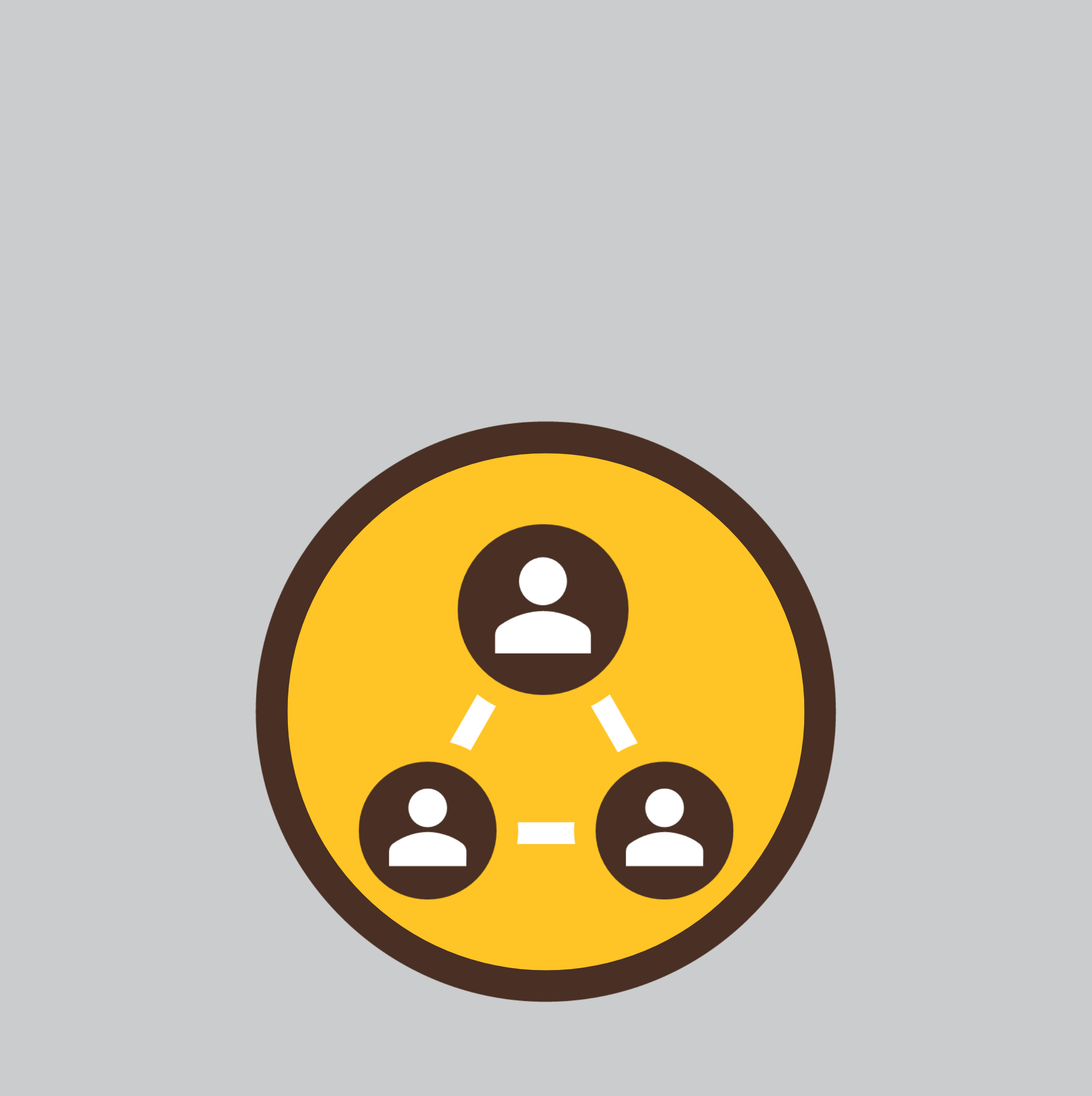 An icon depicting three connected avatars within a gold circle, symbolizing a network or social connection on a gray background.