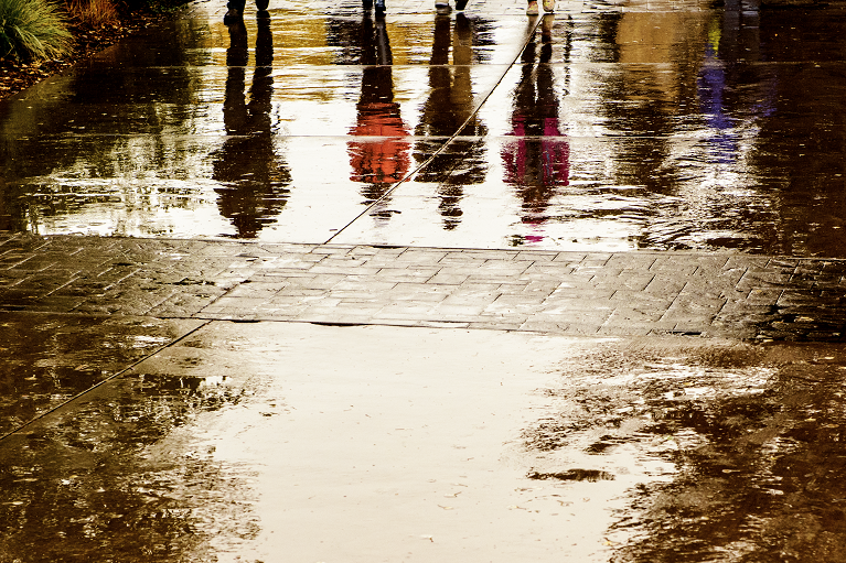 student reflections on rainy pavement