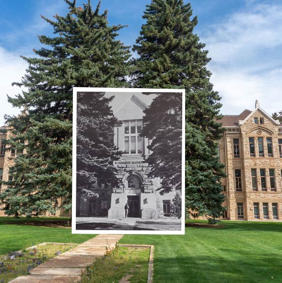 View of Old Main in 1954 in front of the current day building