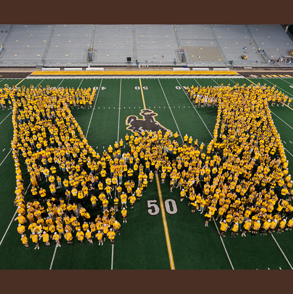 people wearing yellow shirts spelling out the letter "w" on a football field