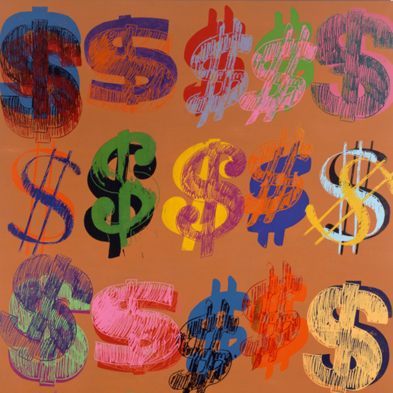 A painting consisting of a burnt sienna background and illustrations of dollar signs. There are 20 illustrations total, arranged in four rows of five. Each dollar sign is rendered in varying colors, from bright blues and oranges to deep purples and reds. It appears as if the dollar signs were first screen printed with opaque silhouettes, and then overlaid with a dollar sign template that appears more painterly, as if sketched with colored pencils.