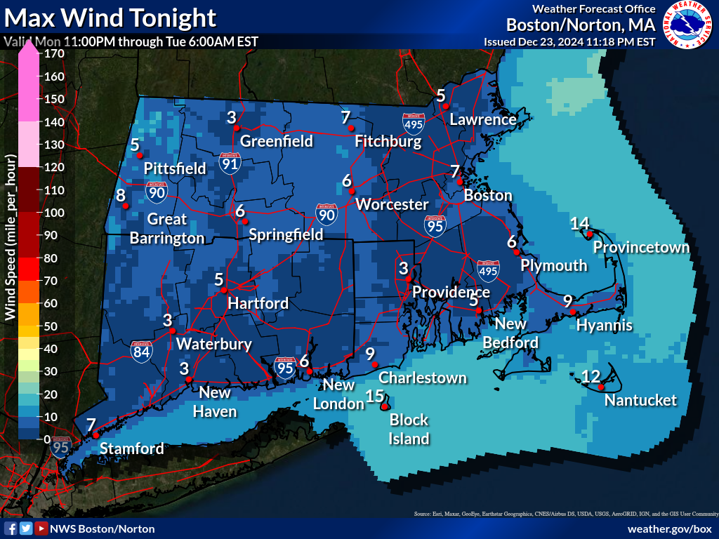 Map that displays the 1st period Max Wind Speed.