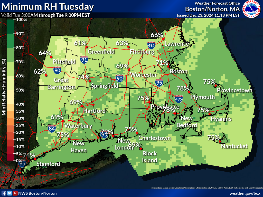 Map displays the Southern New England Minimum RH Day 1.