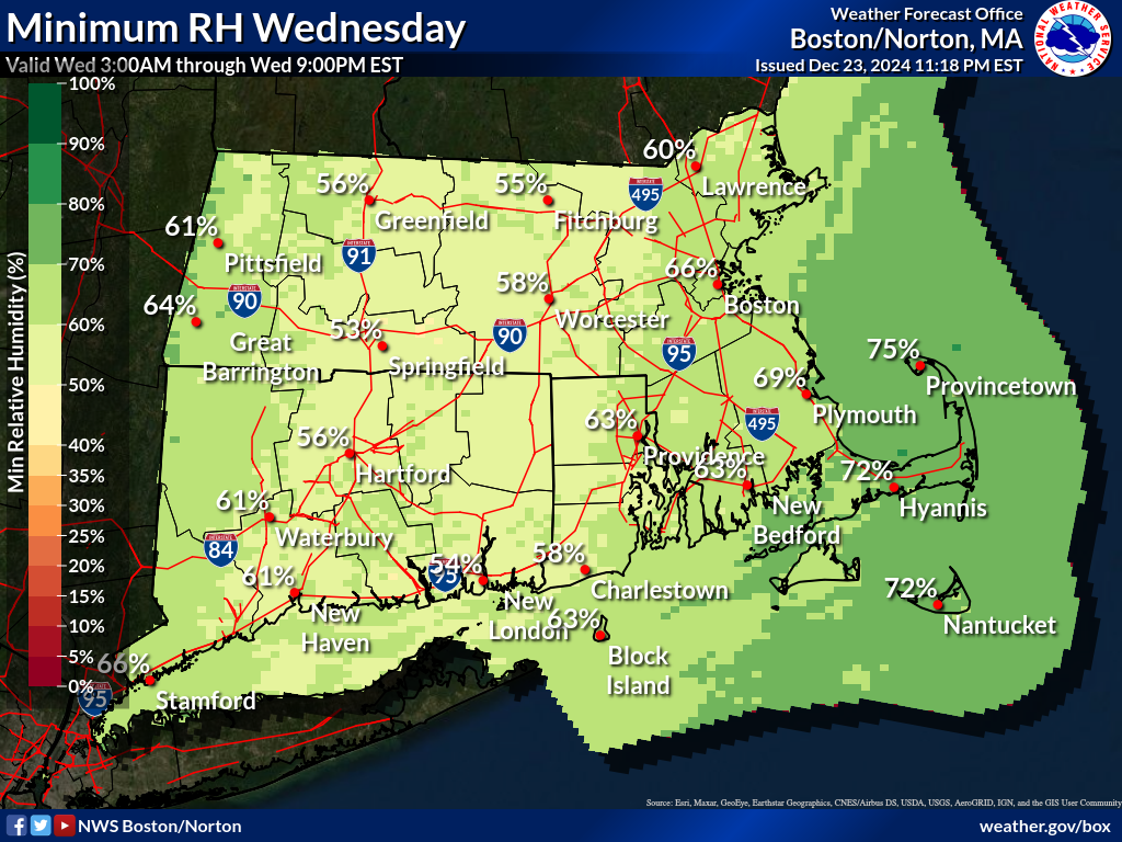 Map displays the Southern New England Minimum RH Day 2.