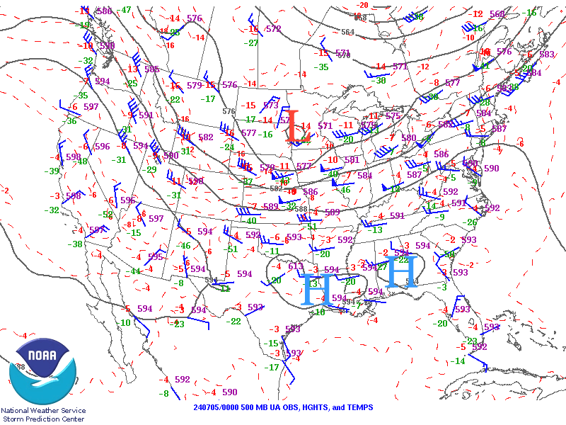 Upper level map (500 mb) for July 5, 2024 showing a ridge of high pressure extending form the Gulf Coast across the Carolinas