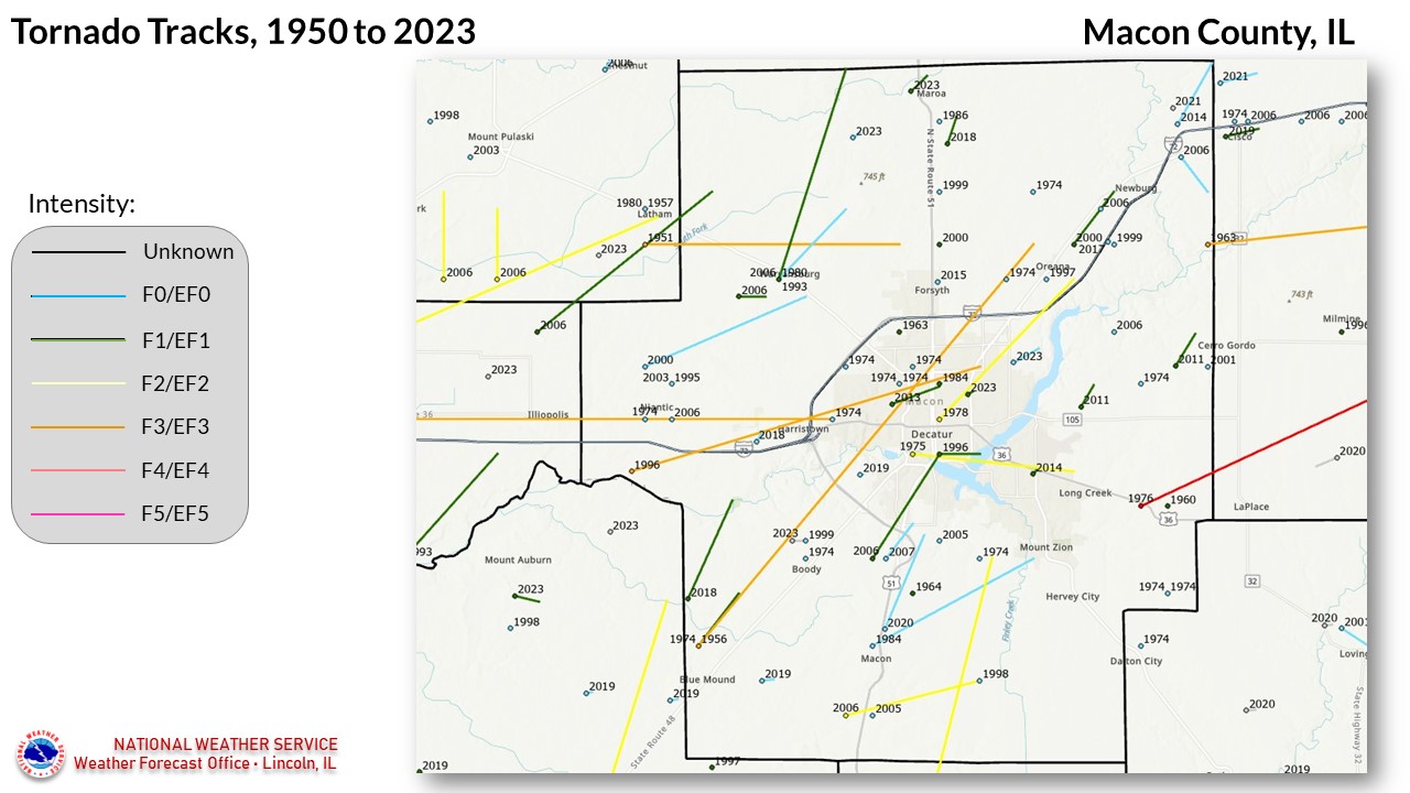 Macon County tornadoes since 1950