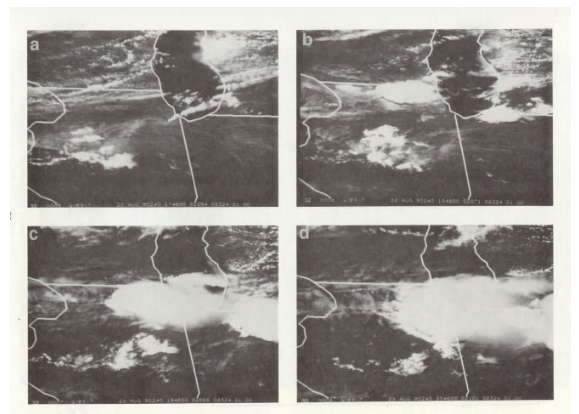 Satellite imagery showing developing storms across northern Illinois on August 28, 1990