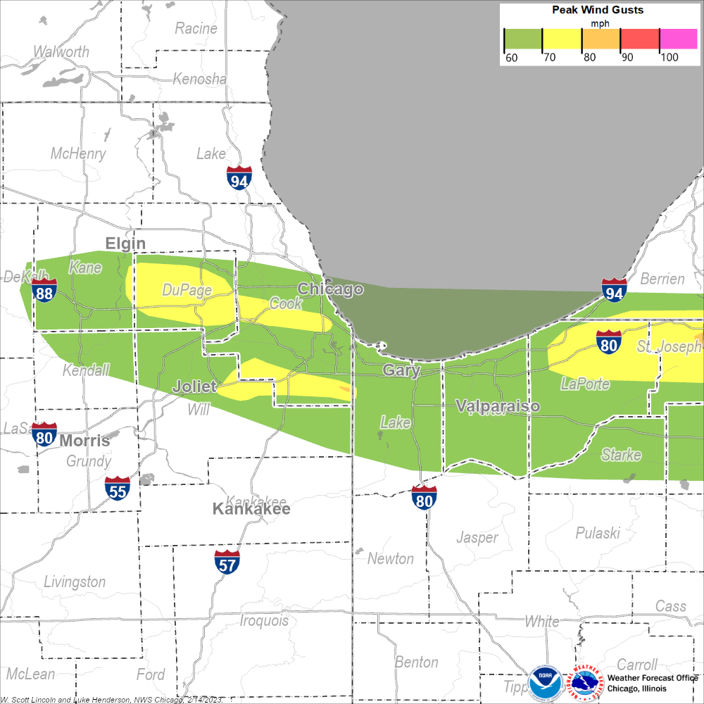 Map showing areas of straight line winds