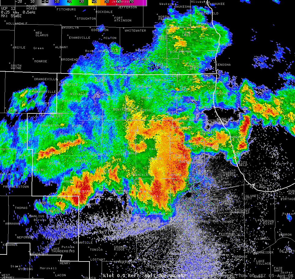 Radar base velocity valid while the straight-line winds were moving into DuPage and Cook counties