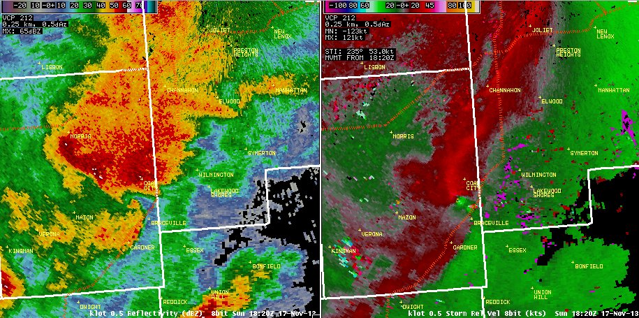 Image of radar reflectivity and storm-relative motion at 12:20 PM