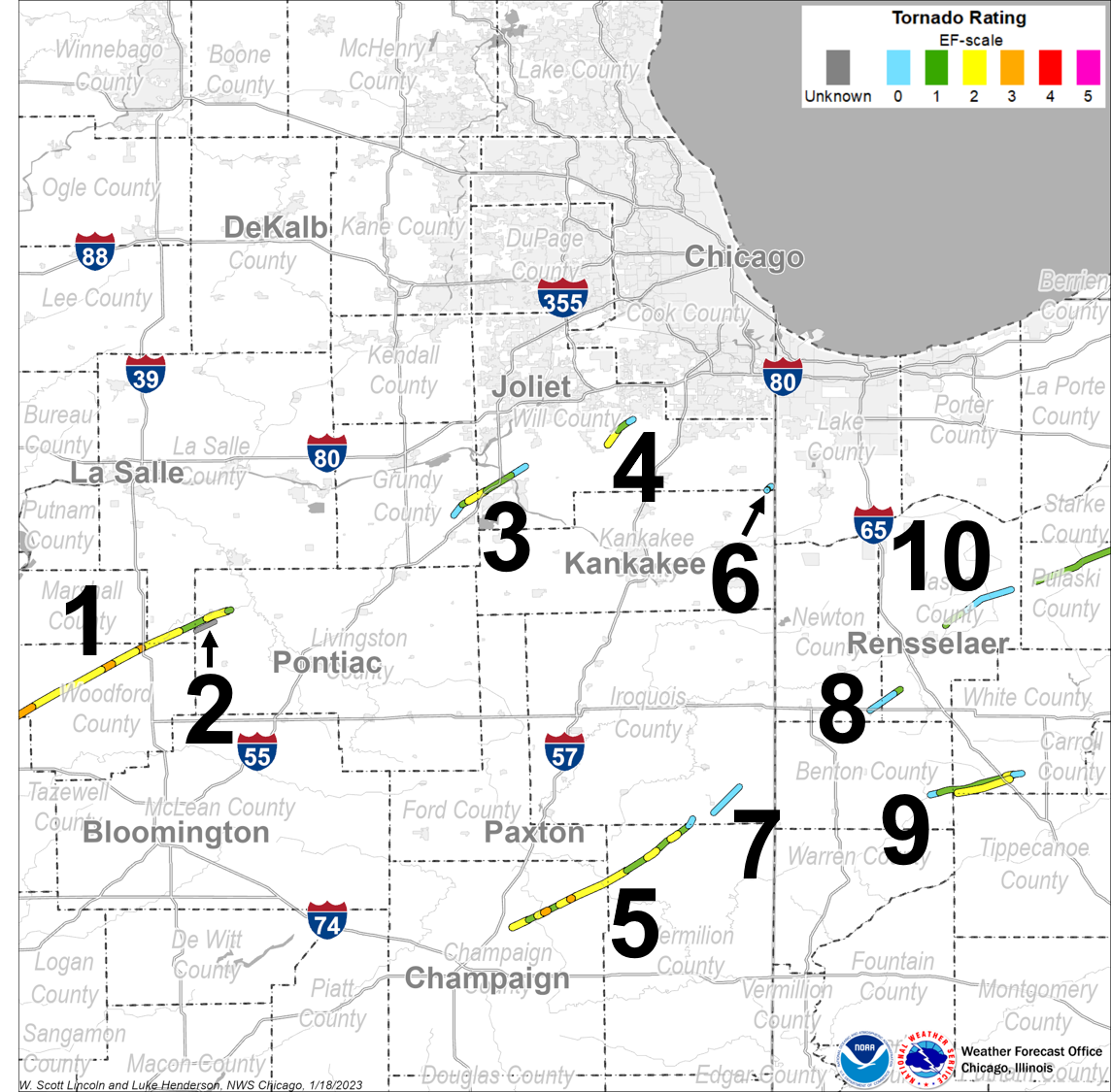 Map showing tornado tracks in northeast Illinois and northwest Indiana