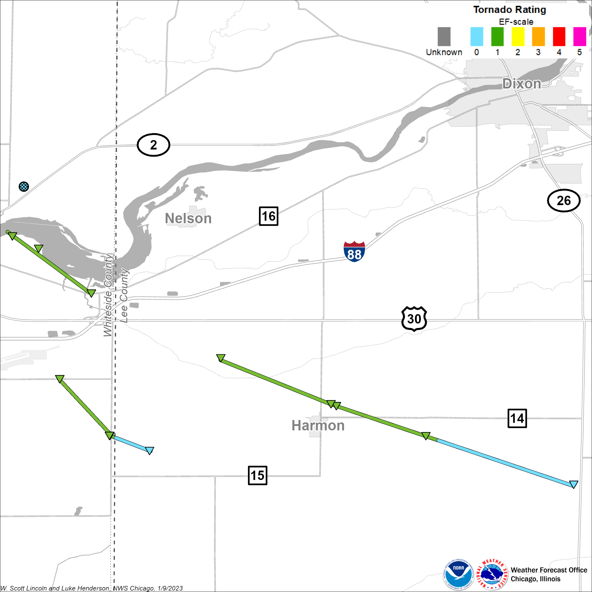 Map showing track of Harmon area tornadoes