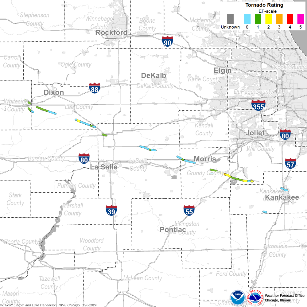 Map showing tornado tracks in northern Illinois