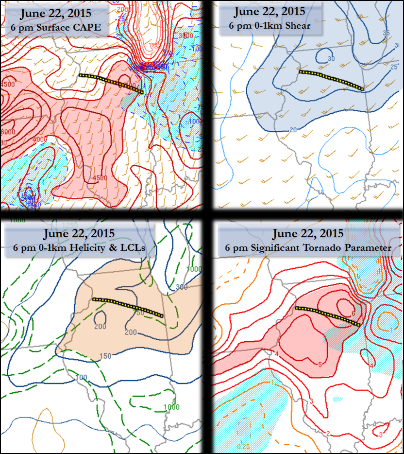 Map showing instability, wind shear, and significant tornado parameter on June 22 2015 at 6:00 PM