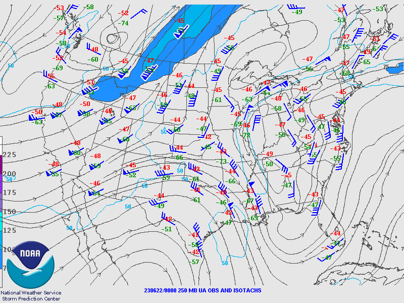 250 mb observations, with isotachs plotted at 00Z on 22 June 2023