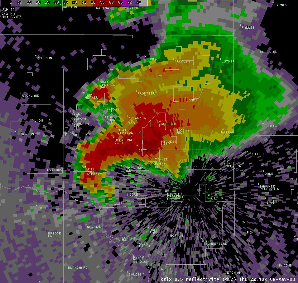 Twin Lakes, OK (KTLX) Radar Reflectivity Display for 5:10 pm CDT, 5/08/2003