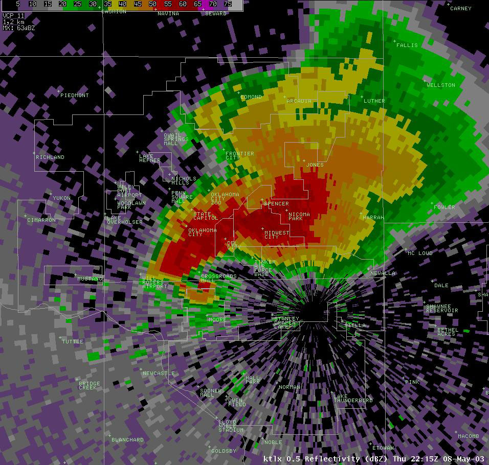 Twin Lakes, OK (KTLX) Radar Reflectivity Display for 5:15 pm CDT, 5/08/2003