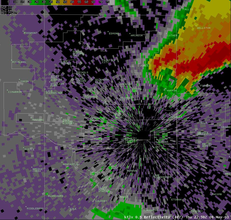 Twin Lakes, OK (KTLX) Radar Reflectivity Display for 5:50 pm CDT, 5/08/2003