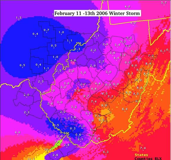 Total snowfall for the February 2006 storm.