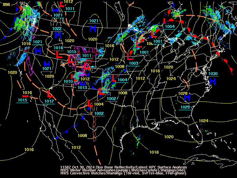 Latest WPC surface analysis, NWS Winter Weather Watches/Warnings/Advisories, and radar loop