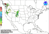 Day 1 probability of snow accumulating greater than or equal to 1 inch.