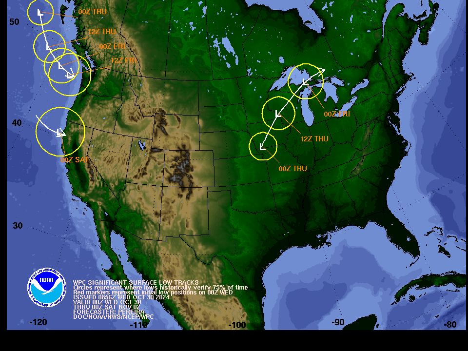 Day 1-3 forecast of surface low tracks (with uncertainty circles) associated with significant winter weather