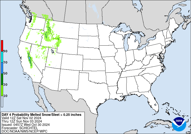 Day 4 probability of at least .25 inch liquid equivalent of snow/sleet.