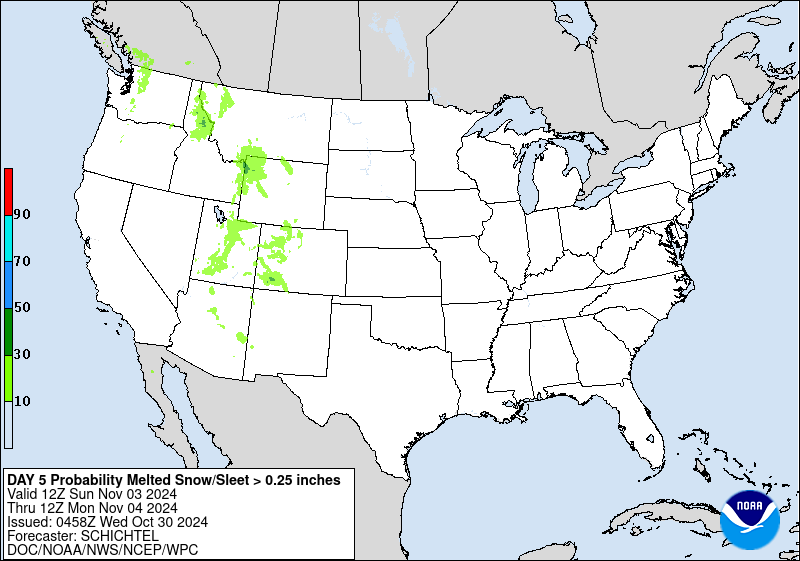 Day 5 probability of at least .25 inch liquid equivalent of snow/sleet.