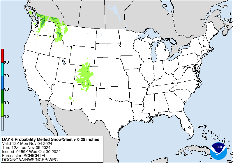 Day 6 probability of at least .25 inch liquid equivalent of snow/sleet.