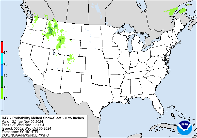 Day 7 probability of at least .25 inch liquid equivalent of snow/sleet.