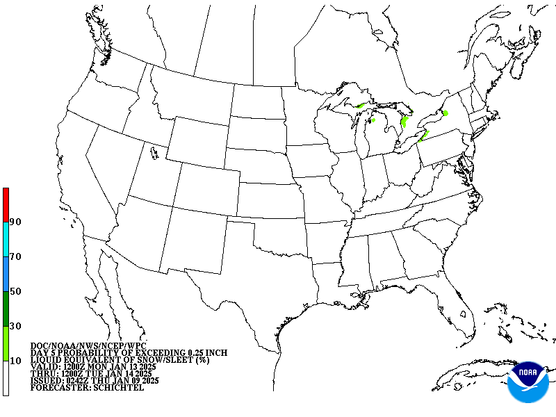 Day 5 probability of at least .25 inch liquid equivalent of snow/sleet.