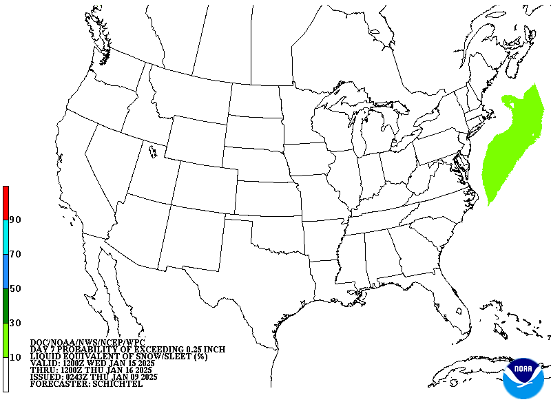 Day 7 probability of at least .25 inch liquid equivalent of snow/sleet.